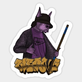 Crazy Dog in Buckethat with Stick Sticker